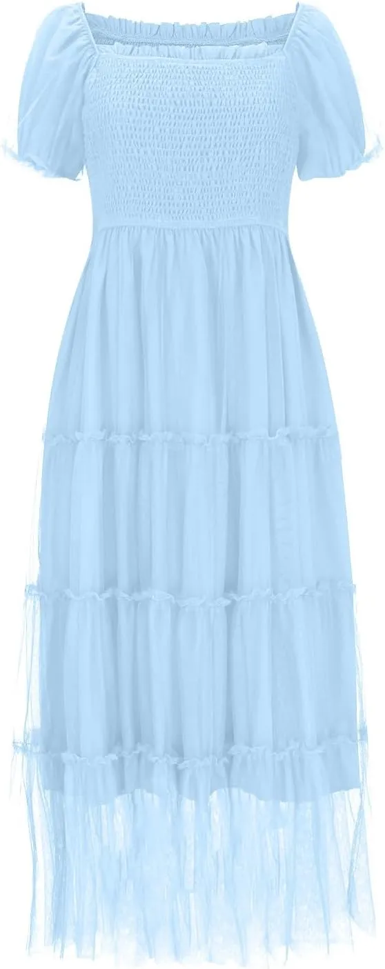 Women's Smocked Midi Tulle Dress 2025 Summer Puffy Short Sleeve Square Neck Dress Ruffle Wedding Guest Party Dresses