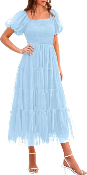 Women's Smocked Midi Tulle Dress 2025 Summer Puffy Short Sleeve Square Neck Dress Ruffle Wedding Guest Party Dresses