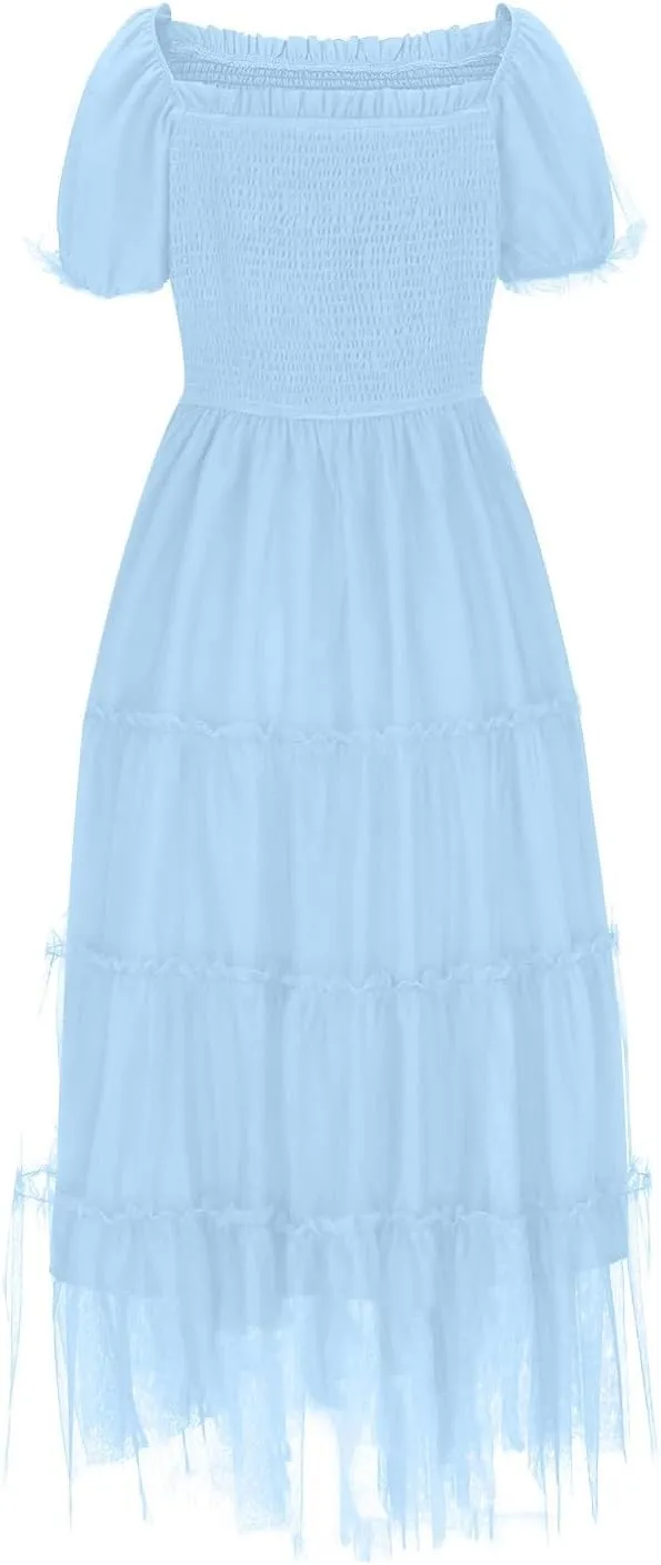 Women's Smocked Midi Tulle Dress 2025 Summer Puffy Short Sleeve Square Neck Dress Ruffle Wedding Guest Party Dresses
