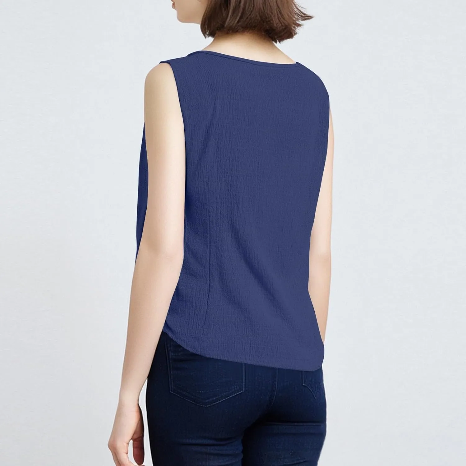 Women's Solid Color Lace Hollow V Neck Sleeveless Cotton Linen Summer Casual Loose Tank Tops