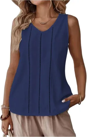 Women's Solid Color Lace Hollow V Neck Sleeveless Cotton Linen Summer Casual Loose Tank Tops