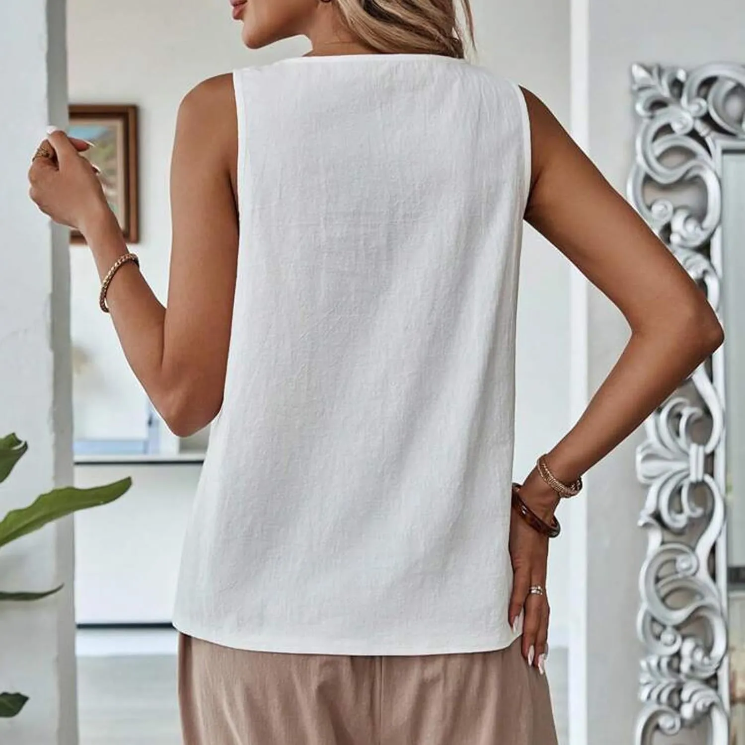 Women's Solid Color Lace Hollow V Neck Sleeveless Cotton Linen Summer Casual Loose Tank Tops