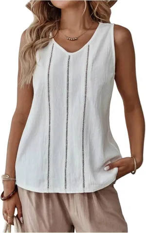 Women's Solid Color Lace Hollow V Neck Sleeveless Cotton Linen Summer Casual Loose Tank Tops