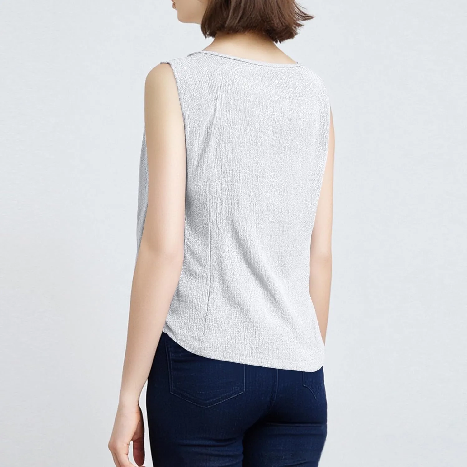 Women's Solid Color Lace Hollow V Neck Sleeveless Cotton Linen Summer Casual Loose Tank Tops