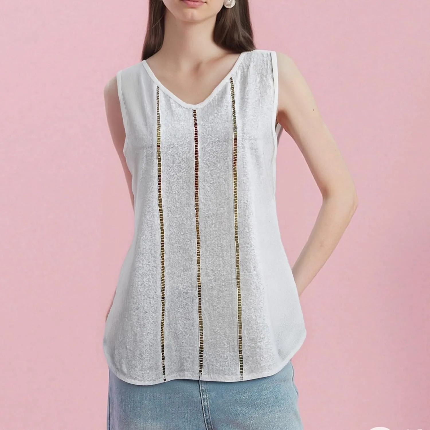 Women's Solid Color Lace Hollow V Neck Sleeveless Cotton Linen Summer Casual Loose Tank Tops