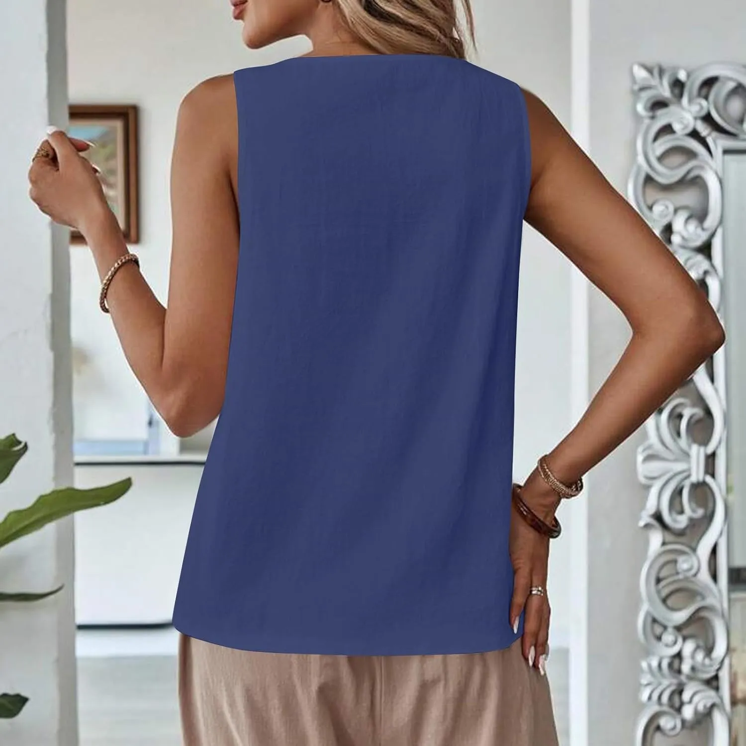 Women's Solid Color Lace Hollow V Neck Sleeveless Cotton Linen Summer Casual Loose Tank Tops