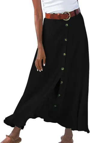Women's Solid Color Maxi Skirt Casual Cotton Linen Front Slit Long Skirt Summer Button Up Beach Skirts (Black, XL)