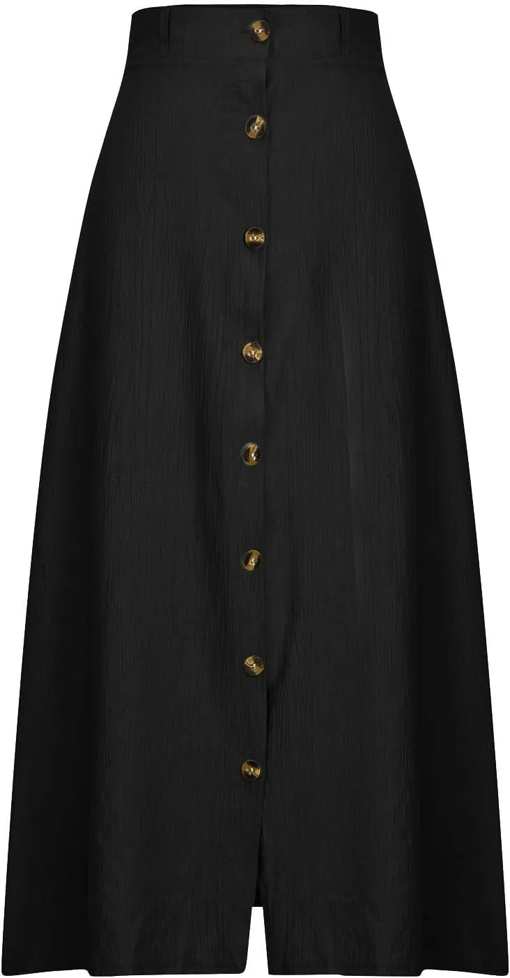 Women's Solid Color Maxi Skirt Casual Cotton Linen Front Slit Long Skirt Summer Button Up Beach Skirts (Black, XL)