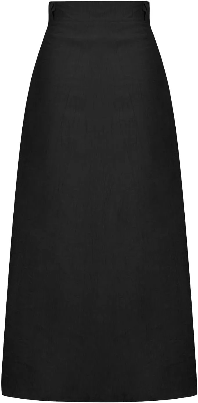 Women's Solid Color Maxi Skirt Casual Cotton Linen Front Slit Long Skirt Summer Button Up Beach Skirts (Black, XL)
