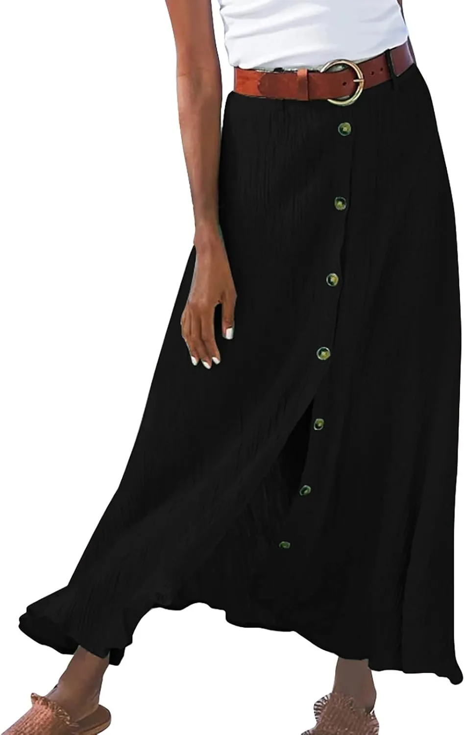 Women's Solid Color Maxi Skirt Casual Cotton Linen Front Slit Long Skirt Summer Button Up Beach Skirts (Black, XL)
