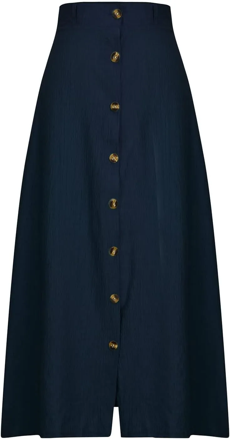 Women's Solid Color Maxi Skirt Casual Cotton Linen Front Slit Long Skirt Summer Button Up Beach Skirts (Blue, XL)