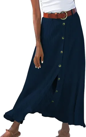 Women's Solid Color Maxi Skirt Casual Cotton Linen Front Slit Long Skirt Summer Button Up Beach Skirts (Blue, XL)