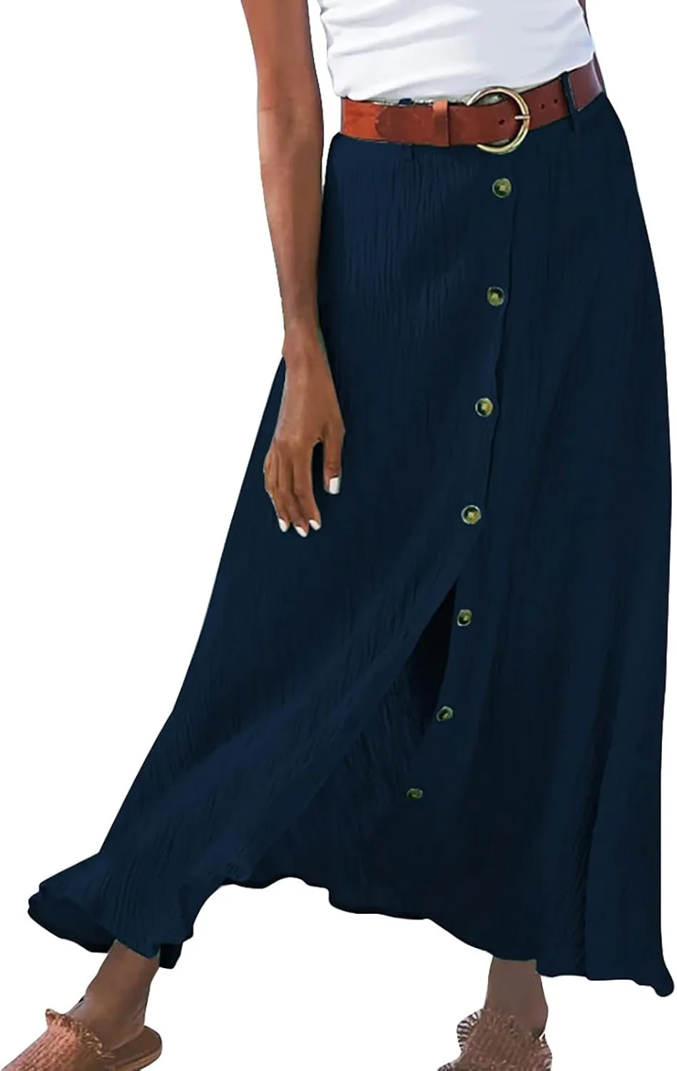 Women's Solid Color Maxi Skirt Casual Cotton Linen Front Slit Long Skirt Summer Button Up Beach Skirts (Blue, XL)