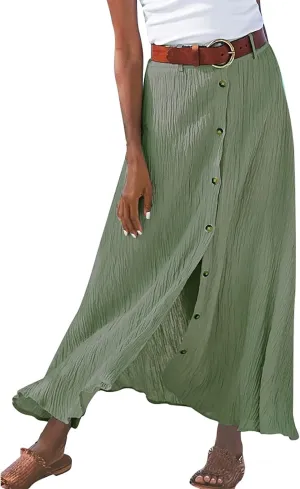 Women's Solid Color Maxi Skirt Casual Cotton Linen Front Slit Long Skirt Summer Button Up Beach Skirts (Green, XL)