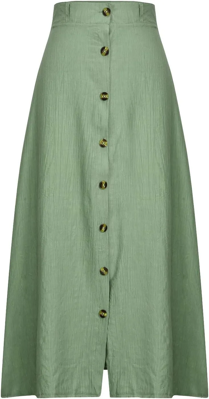 Women's Solid Color Maxi Skirt Casual Cotton Linen Front Slit Long Skirt Summer Button Up Beach Skirts (Green, XL)