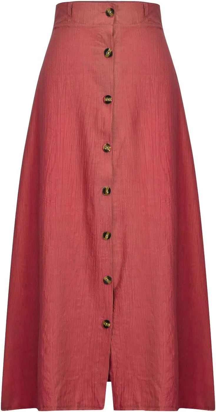 Women's Solid Color Maxi Skirt Casual Cotton Linen Front Slit Long Skirt Summer Button Up Beach Skirts (Red, XL)