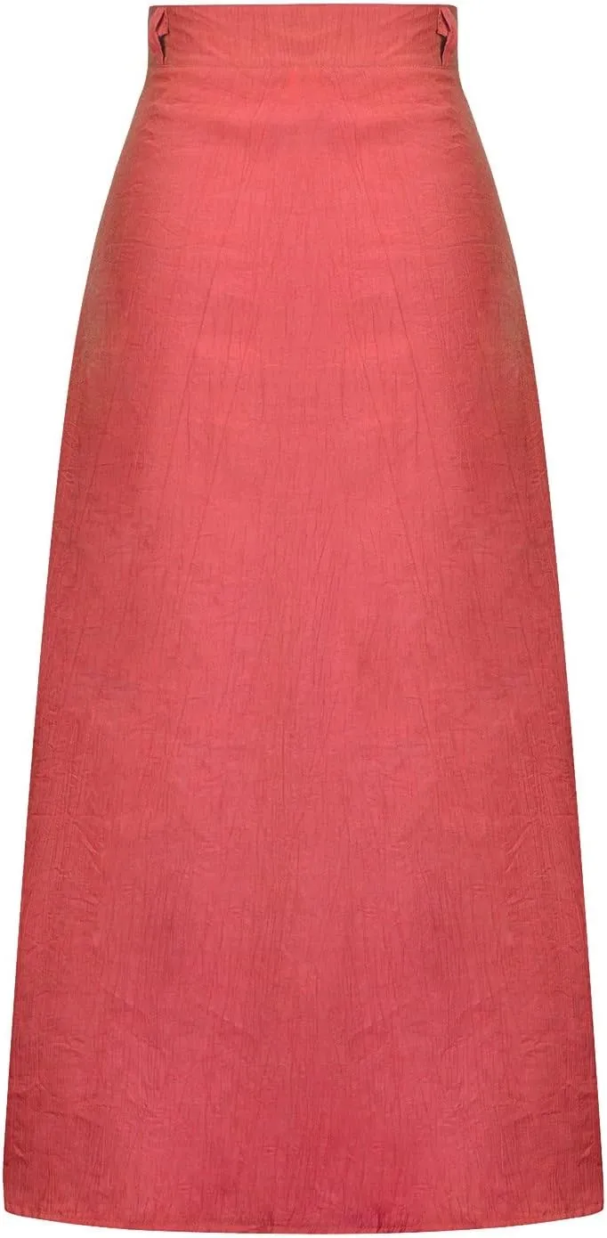 Women's Solid Color Maxi Skirt Casual Cotton Linen Front Slit Long Skirt Summer Button Up Beach Skirts (Red, XL)
