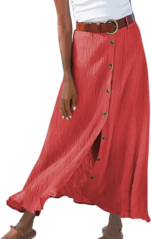 Women's Solid Color Maxi Skirt Casual Cotton Linen Front Slit Long Skirt Summer Button Up Beach Skirts (Red, XL)