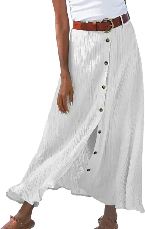 Women's Solid Color Maxi Skirt Casual Cotton Linen Front Slit Long Skirt Summer Button Up Beach Skirts (White, XL)