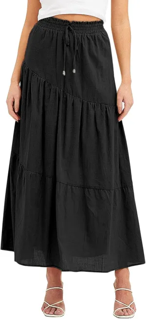 Women's Solid Color Maxi Skirt Summer Casual Cotton Linen Front Slit Long Skirt Button Up Beach Skirts (b-Black, S)