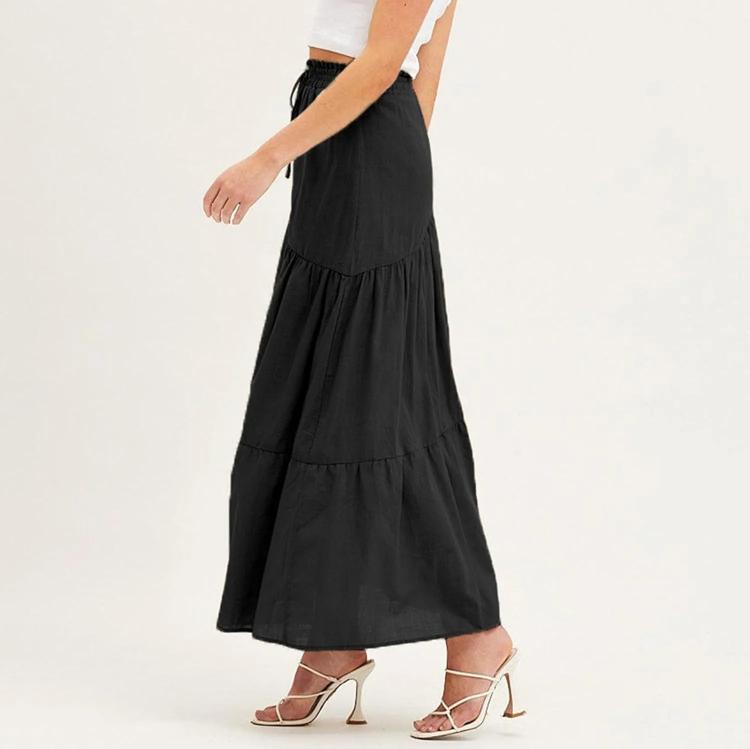 Women's Solid Color Maxi Skirt Summer Casual Cotton Linen Front Slit Long Skirt Button Up Beach Skirts (b-Black, S)