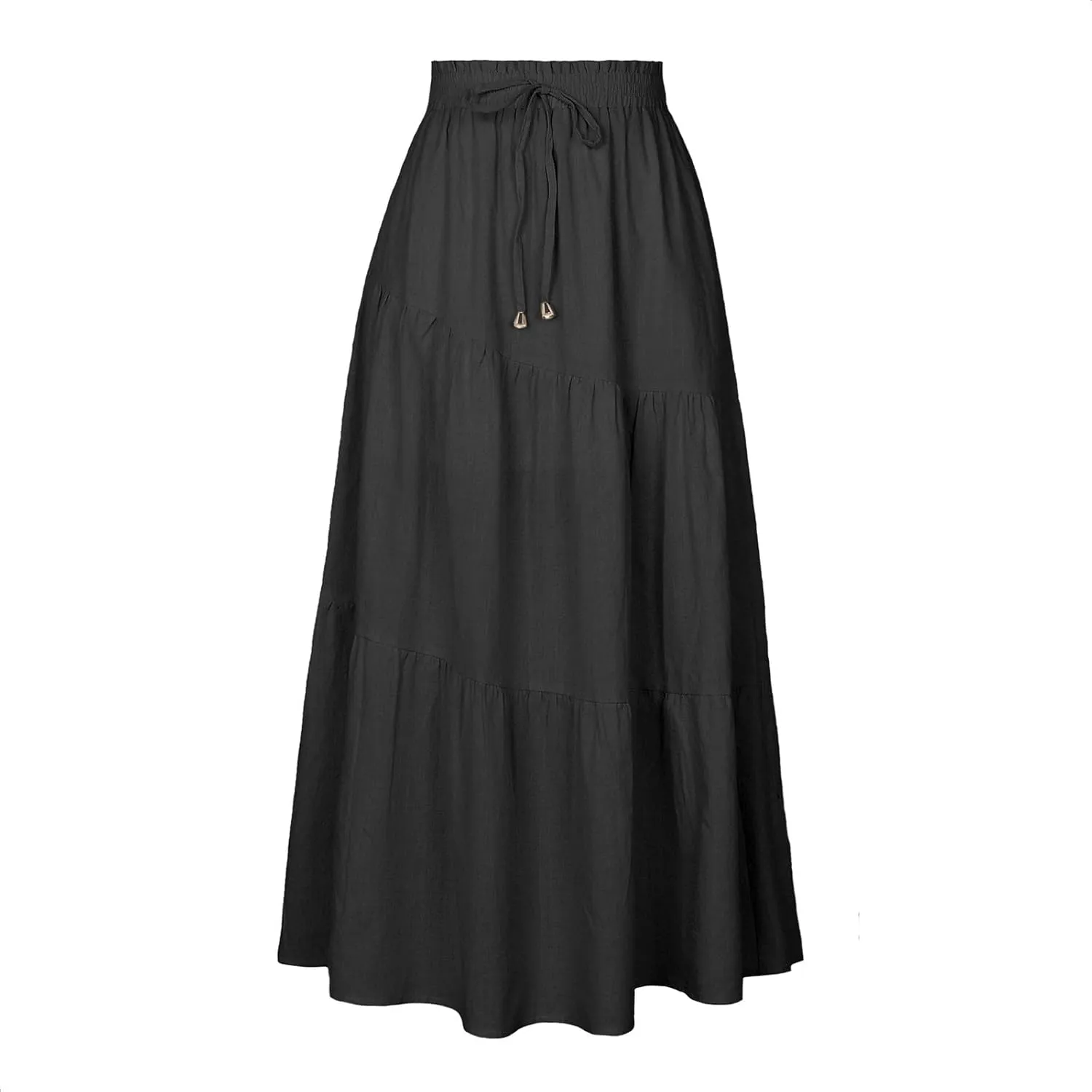 Women's Solid Color Maxi Skirt Summer Casual Cotton Linen Front Slit Long Skirt Button Up Beach Skirts (b-Black, S)