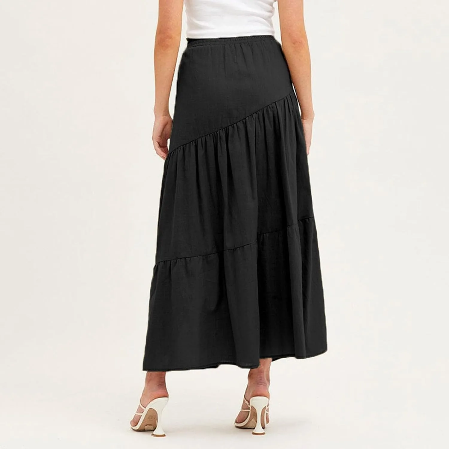 Women's Solid Color Maxi Skirt Summer Casual Cotton Linen Front Slit Long Skirt Button Up Beach Skirts (b-Black, S)