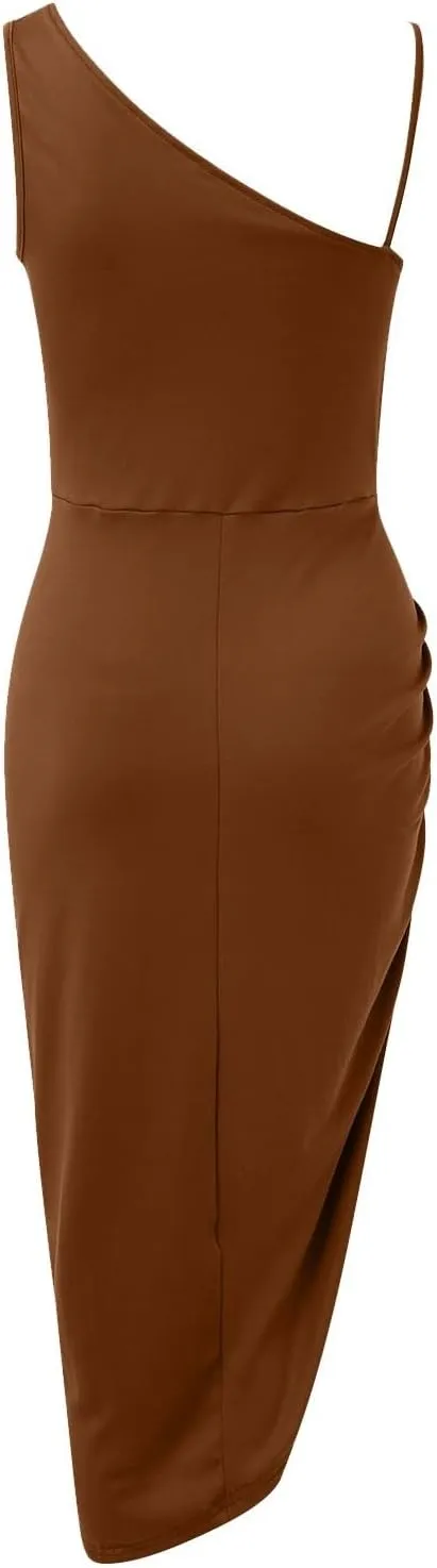 Women's Solid Color Sexy Slit Long Skirt Pleated Single Shoulder Evening Dress Casual Skirt Cocktail Dresses
