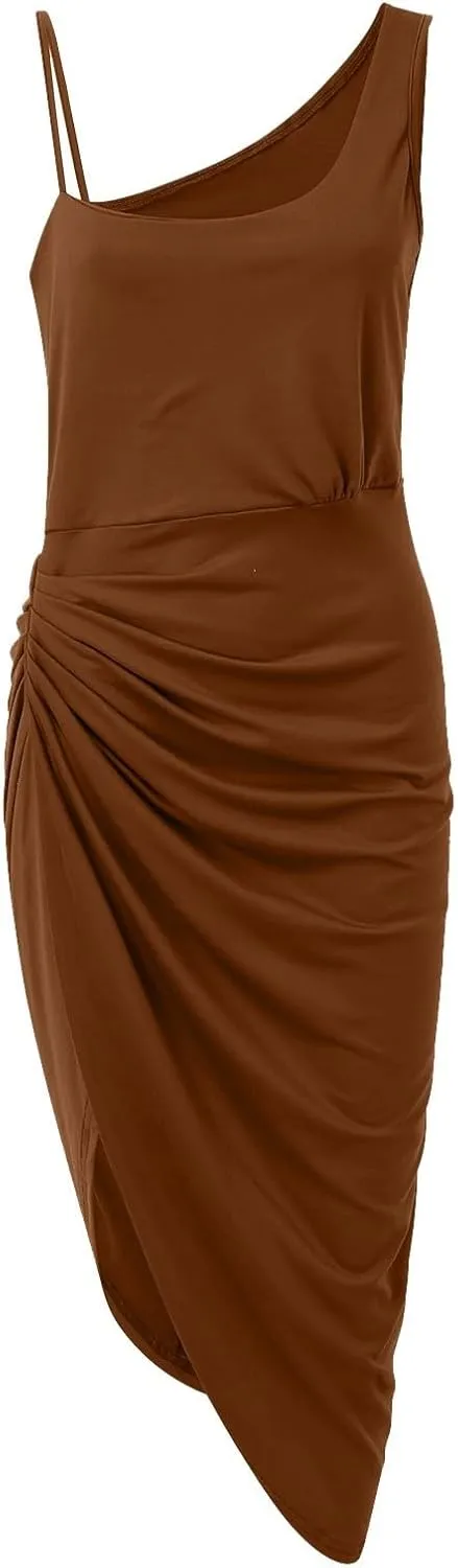 Women's Solid Color Sexy Slit Long Skirt Pleated Single Shoulder Evening Dress Casual Skirt Cocktail Dresses