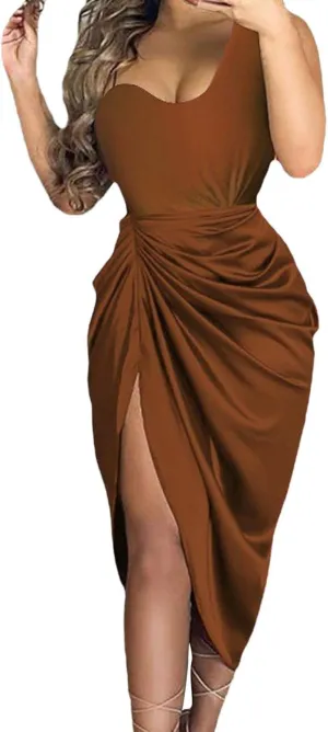 Women's Solid Color Sexy Slit Long Skirt Pleated Single Shoulder Evening Dress Casual Skirt Cocktail Dresses