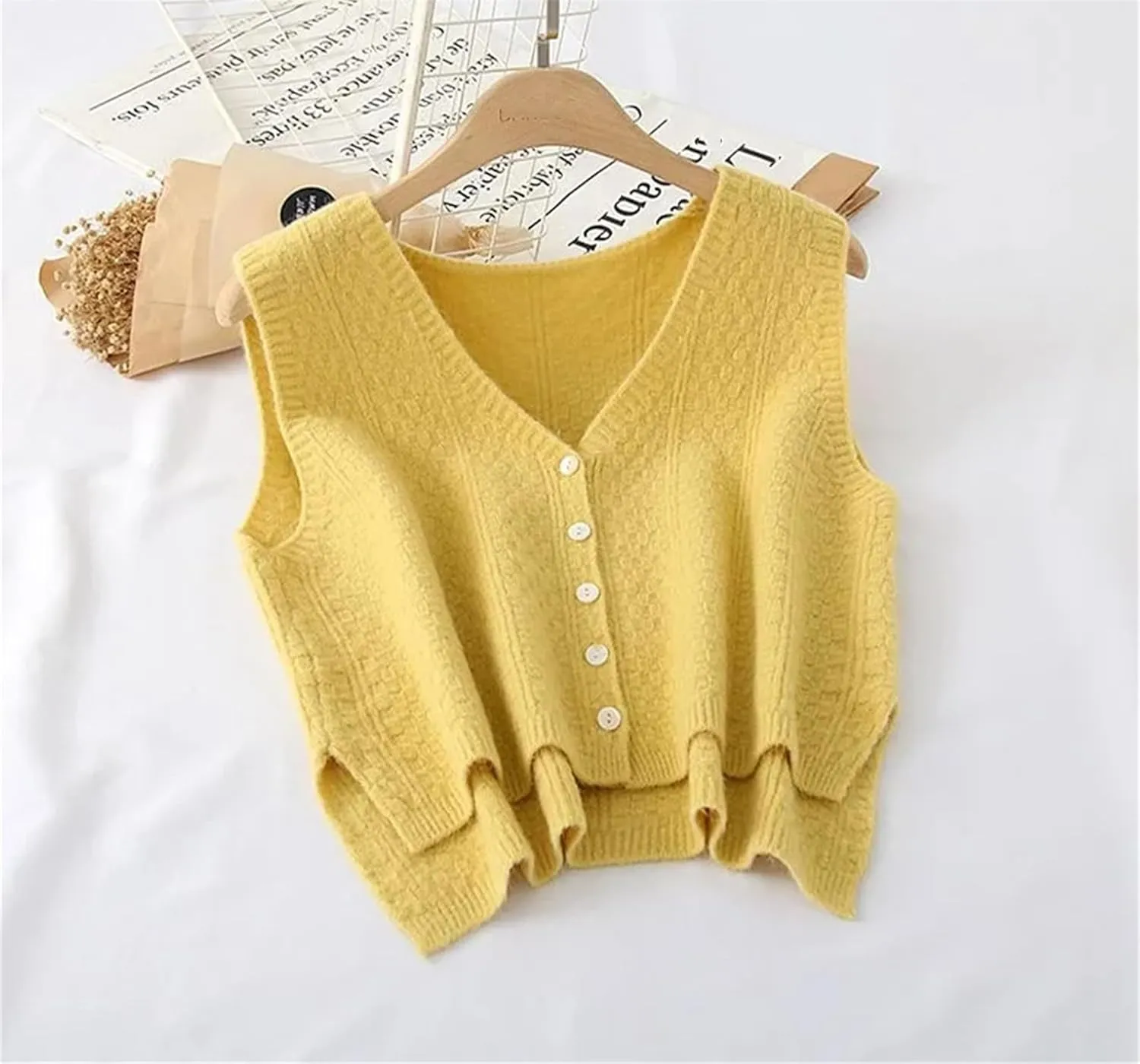 Women's Solid V Neck Knitted Sweater Vests Fall Winter All Match Gentle Fluffy Short Cardigan Outerwear