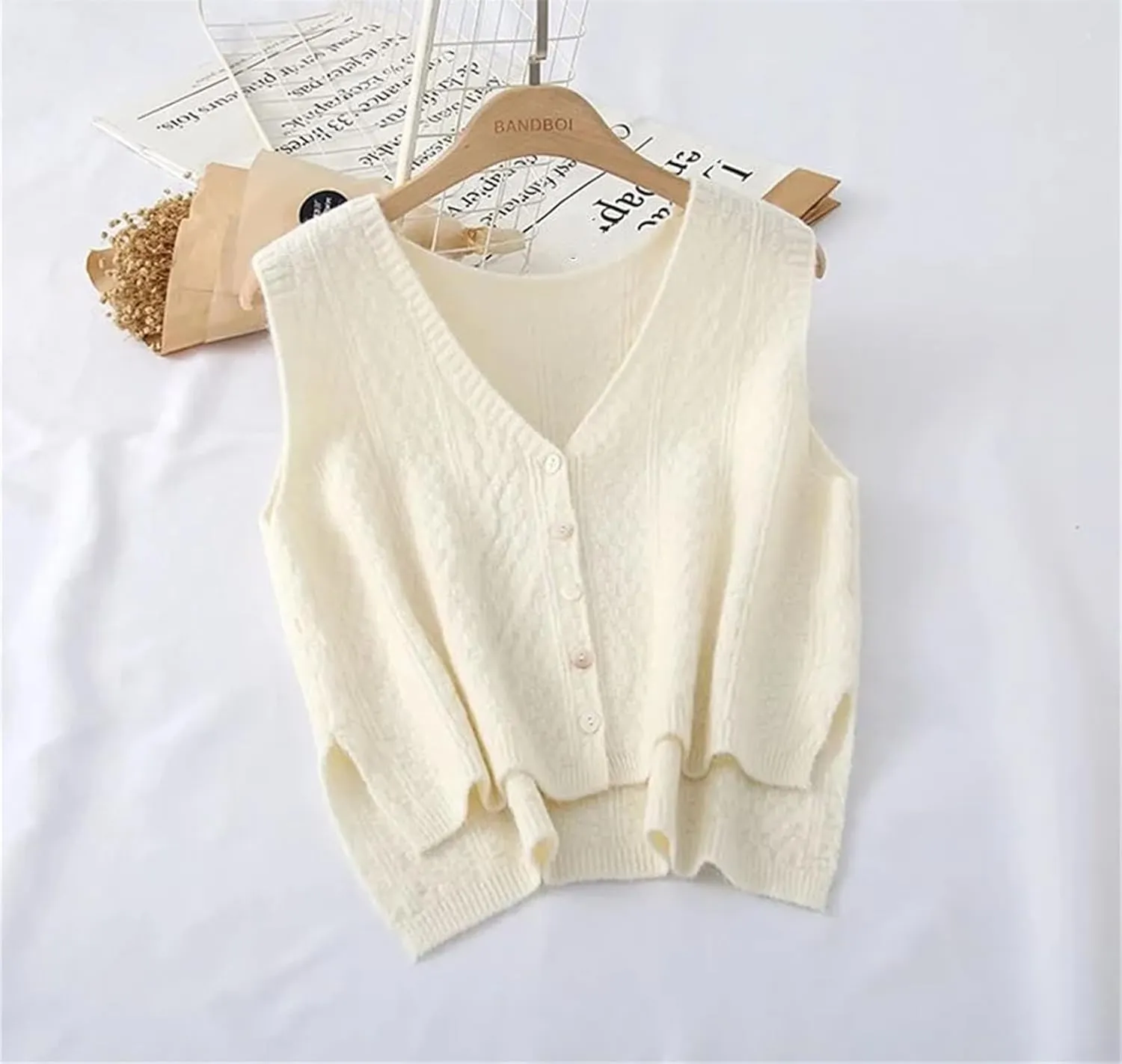 Women's Solid V Neck Knitted Sweater Vests Fall Winter All Match Gentle Fluffy Short Cardigan Outerwear