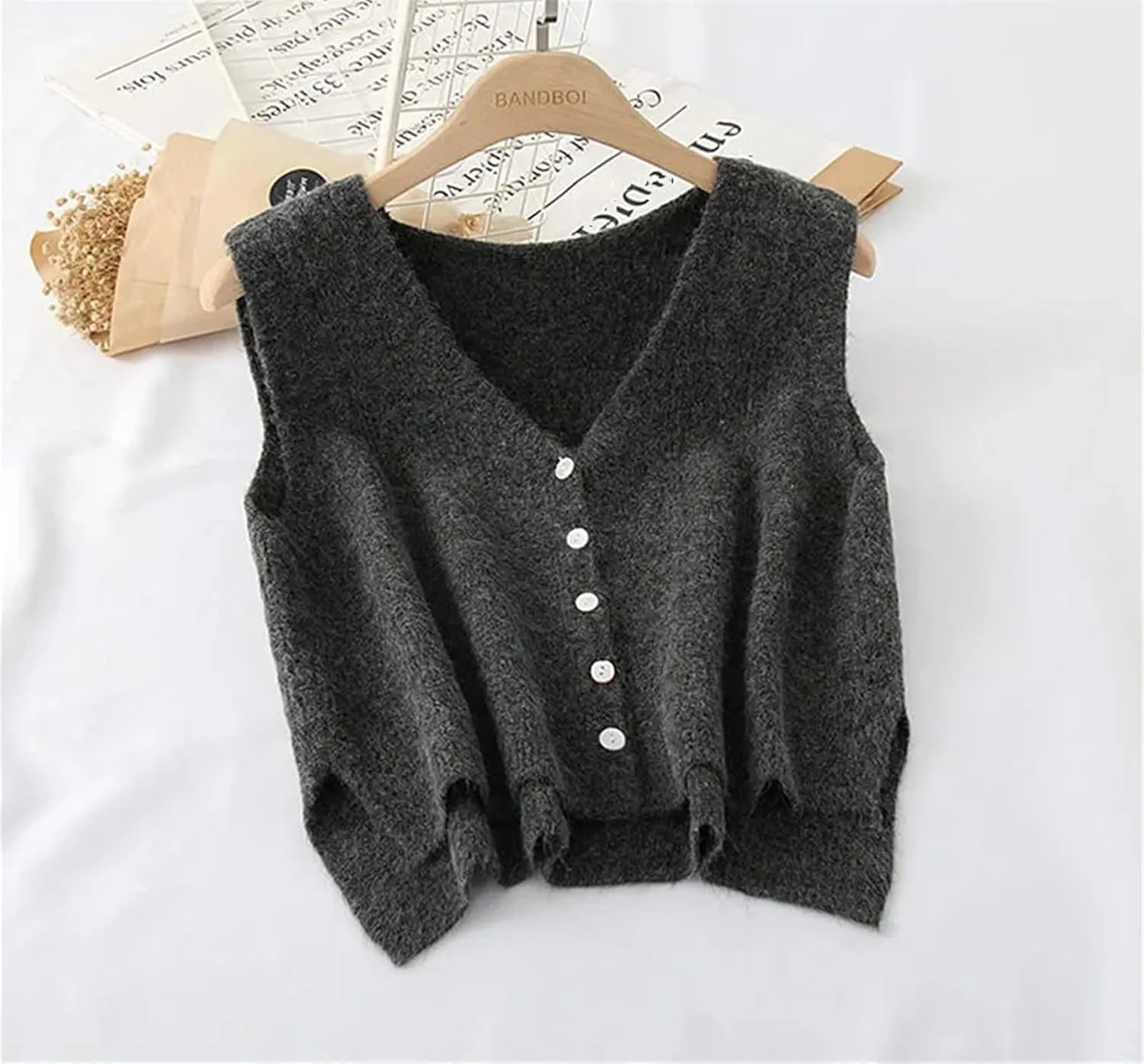 Women's Solid V Neck Knitted Sweater Vests Fall Winter All Match Gentle Fluffy Short Cardigan Outerwear