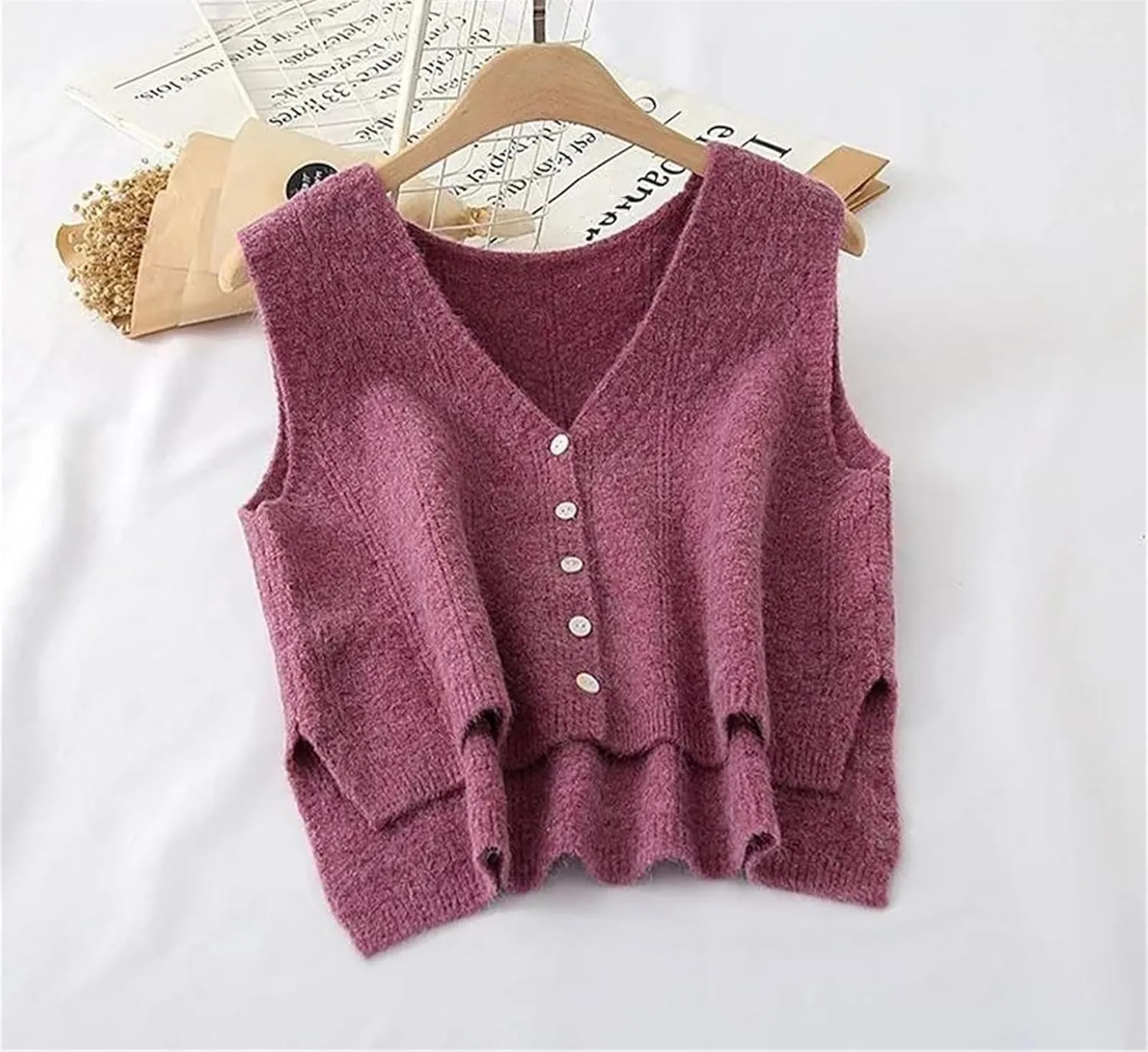 Women's Solid V Neck Knitted Sweater Vests Fall Winter All Match Gentle Fluffy Short Cardigan Outerwear