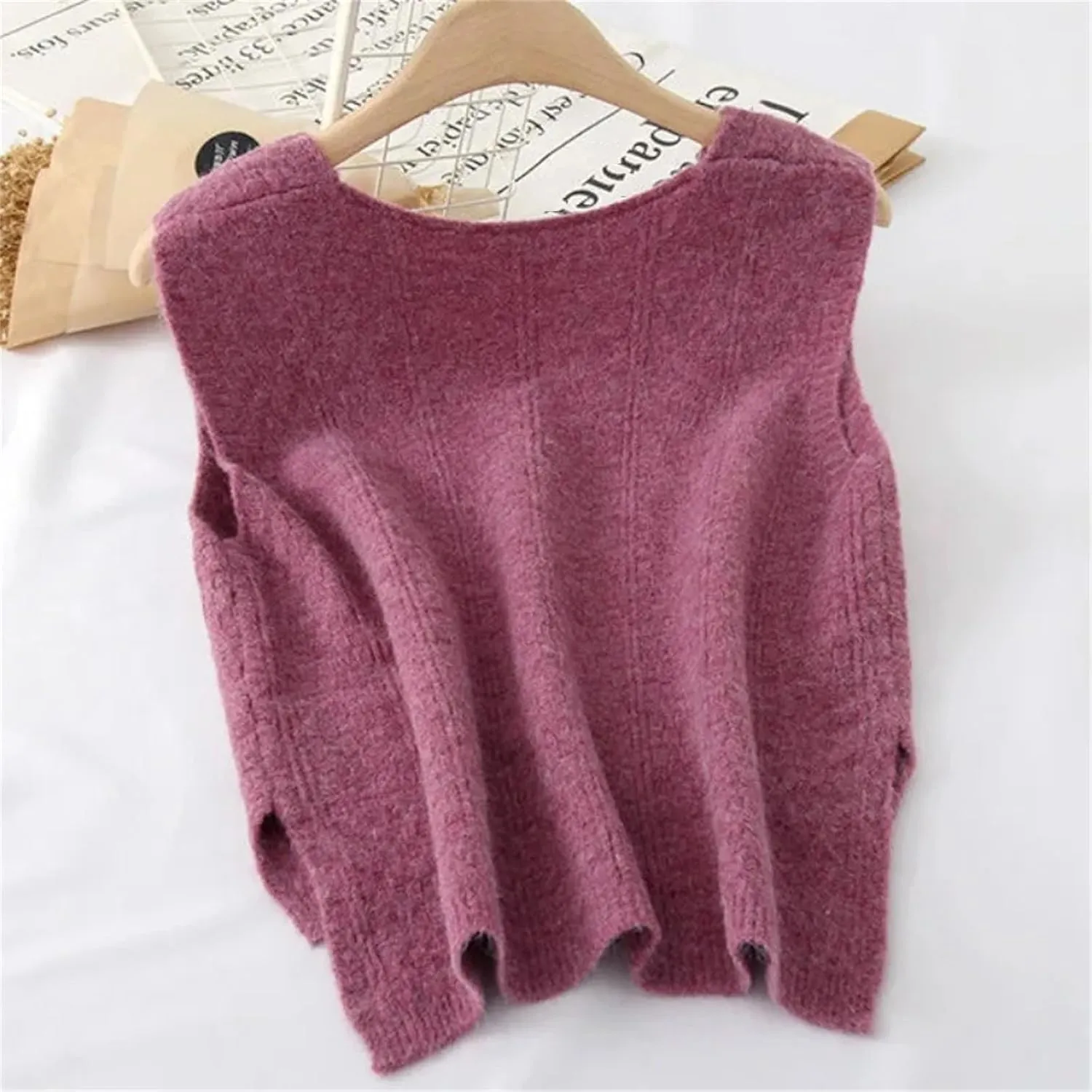 Women's Solid V Neck Knitted Sweater Vests Fall Winter All Match Gentle Fluffy Short Cardigan Outerwear