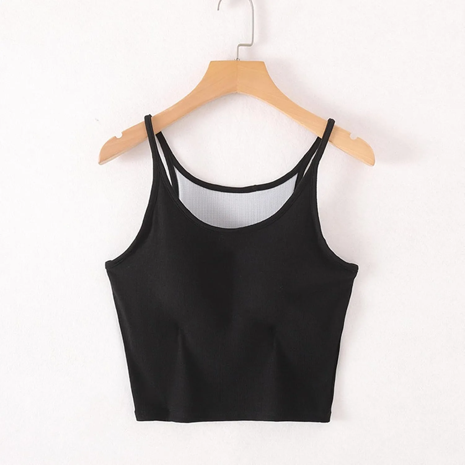 Women's Spaghetti Strap Camisole Ribbed Tank Tops with Built-in Bra Sleeveless Slim Fitted Basic Crop Tee Shirts