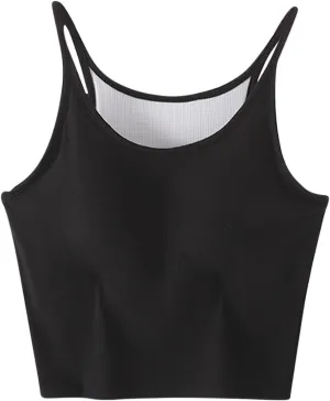 Women's Spaghetti Strap Camisole Ribbed Tank Tops with Built-in Bra Sleeveless Slim Fitted Basic Crop Tee Shirts