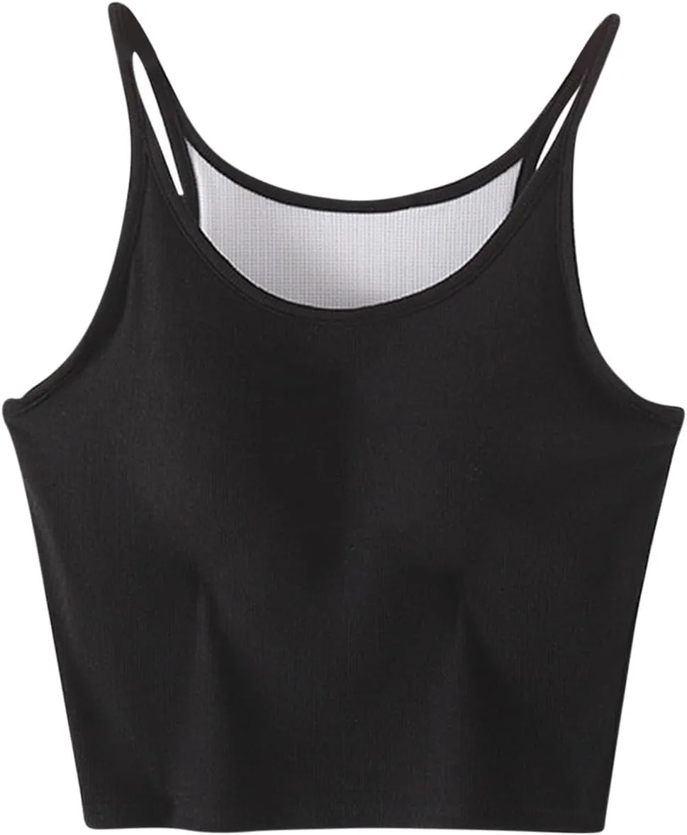 Women's Spaghetti Strap Camisole Ribbed Tank Tops with Built-in Bra Sleeveless Slim Fitted Basic Crop Tee Shirts