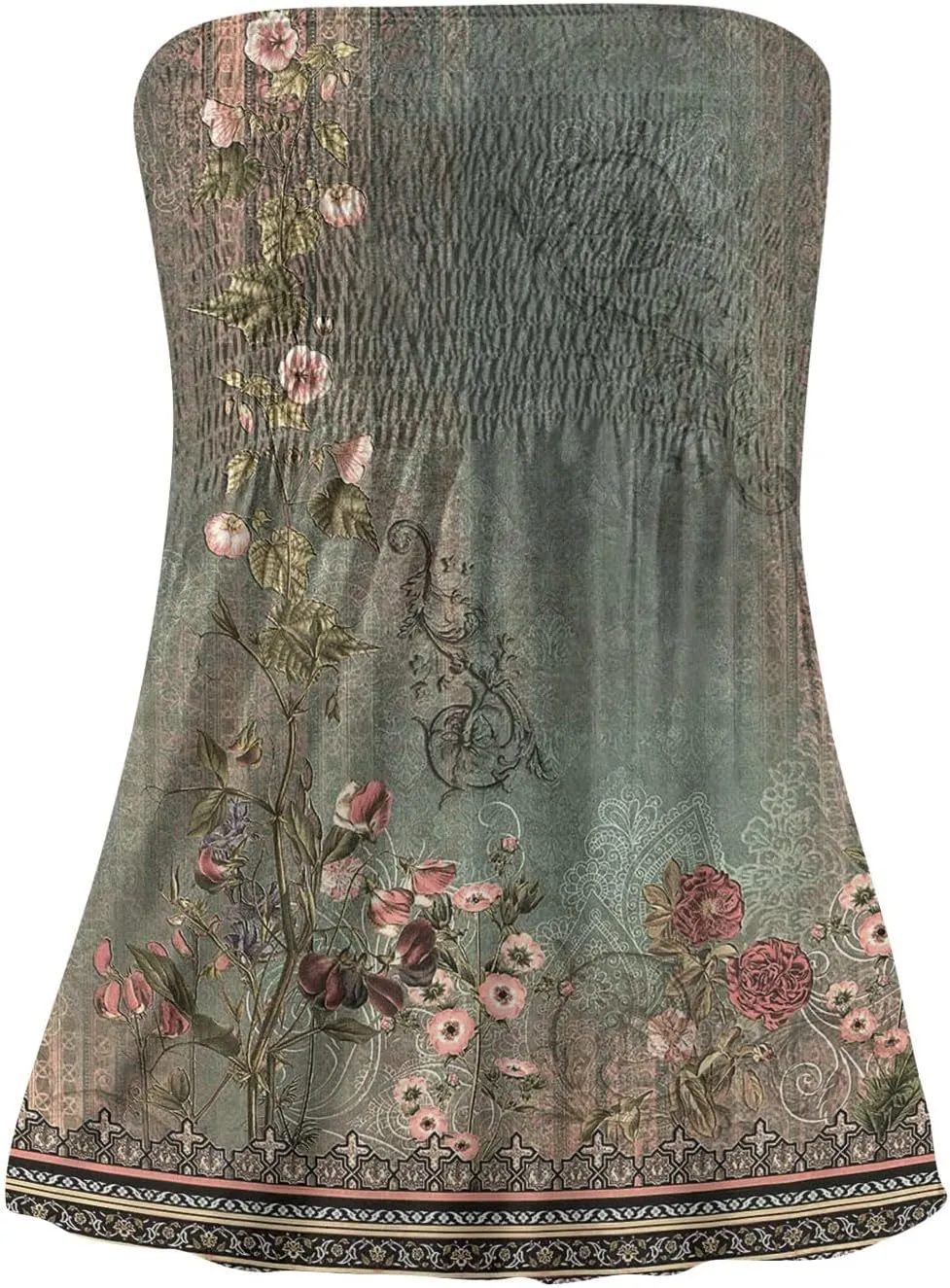 Womens Strapless Bandeau Tank Tops Tube Tops Floral Tanks Smocked Ruffled Backless Casual Bandeau Sleeveless Shirts