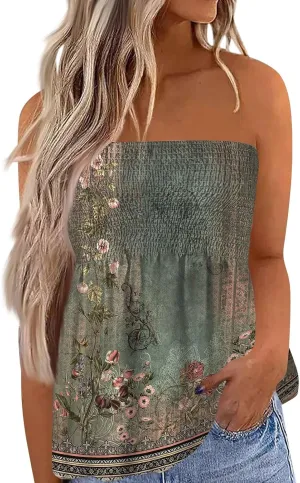 Womens Strapless Bandeau Tank Tops Tube Tops Floral Tanks Smocked Ruffled Backless Casual Bandeau Sleeveless Shirts