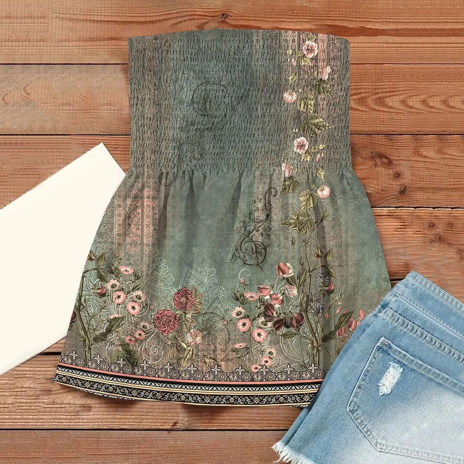 Womens Strapless Bandeau Tank Tops Tube Tops Floral Tanks Smocked Ruffled Backless Casual Bandeau Sleeveless Shirts