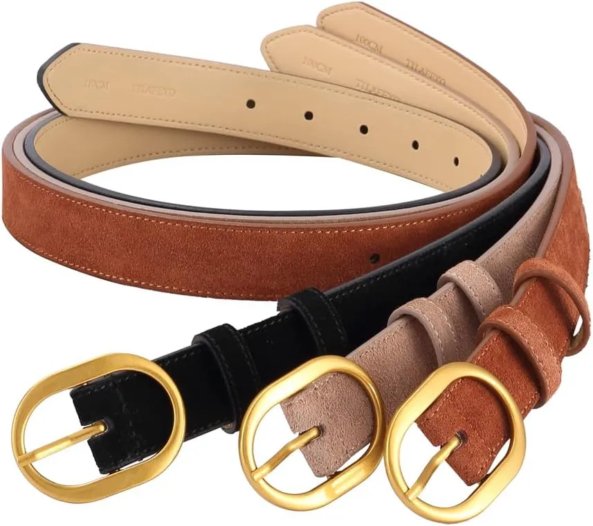 Women's Suede Belt Casual Genuine Leather Jeans Belts Gold Buckle Elegant Waist Dress Belts
