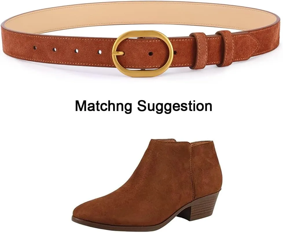 Women's Suede Belt Casual Genuine Leather Jeans Belts Gold Buckle Elegant Waist Dress Belts