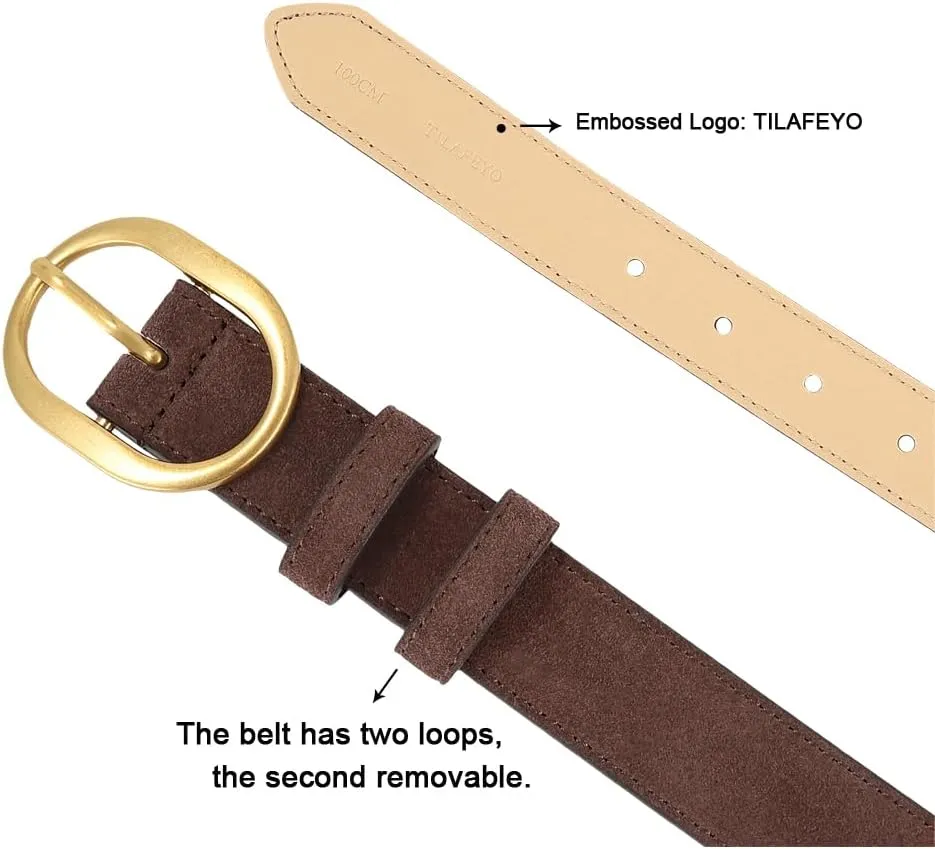 Women's Suede Belt Casual Genuine Leather Jeans Belts Gold Buckle Elegant Waist Dress Belts