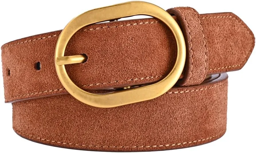 Women's Suede Belt Casual Genuine Leather Jeans Belts Gold Buckle Elegant Waist Dress Belts