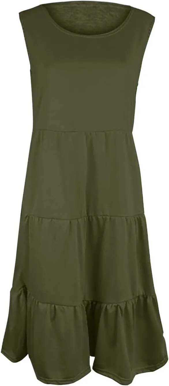 Women's Summer Casual Sleeveless Swing Sundress Boho Flowy Ruffle Tiered Maxi Dress with Pockets