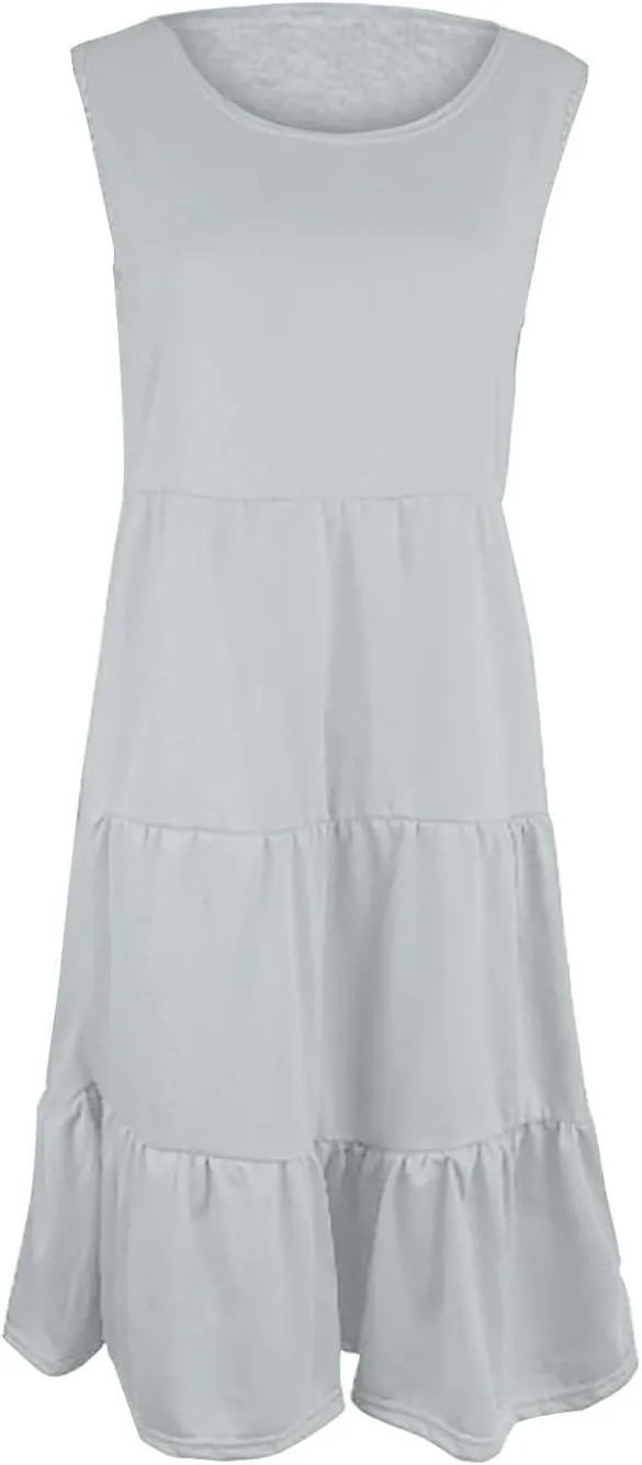 Women's Summer Casual Sleeveless Swing Sundress Boho Flowy Ruffle Tiered Maxi Dress with Pockets