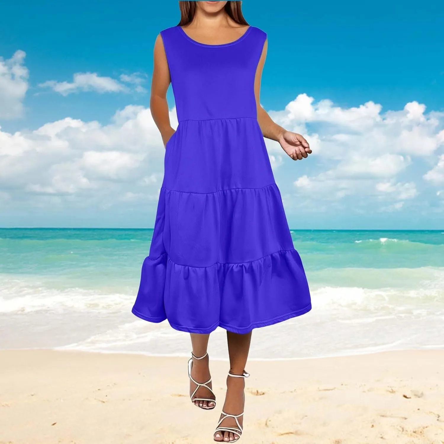 Women's Summer Casual Sleeveless Swing Sundress Boho Flowy Ruffle Tiered Maxi Dress with Pockets