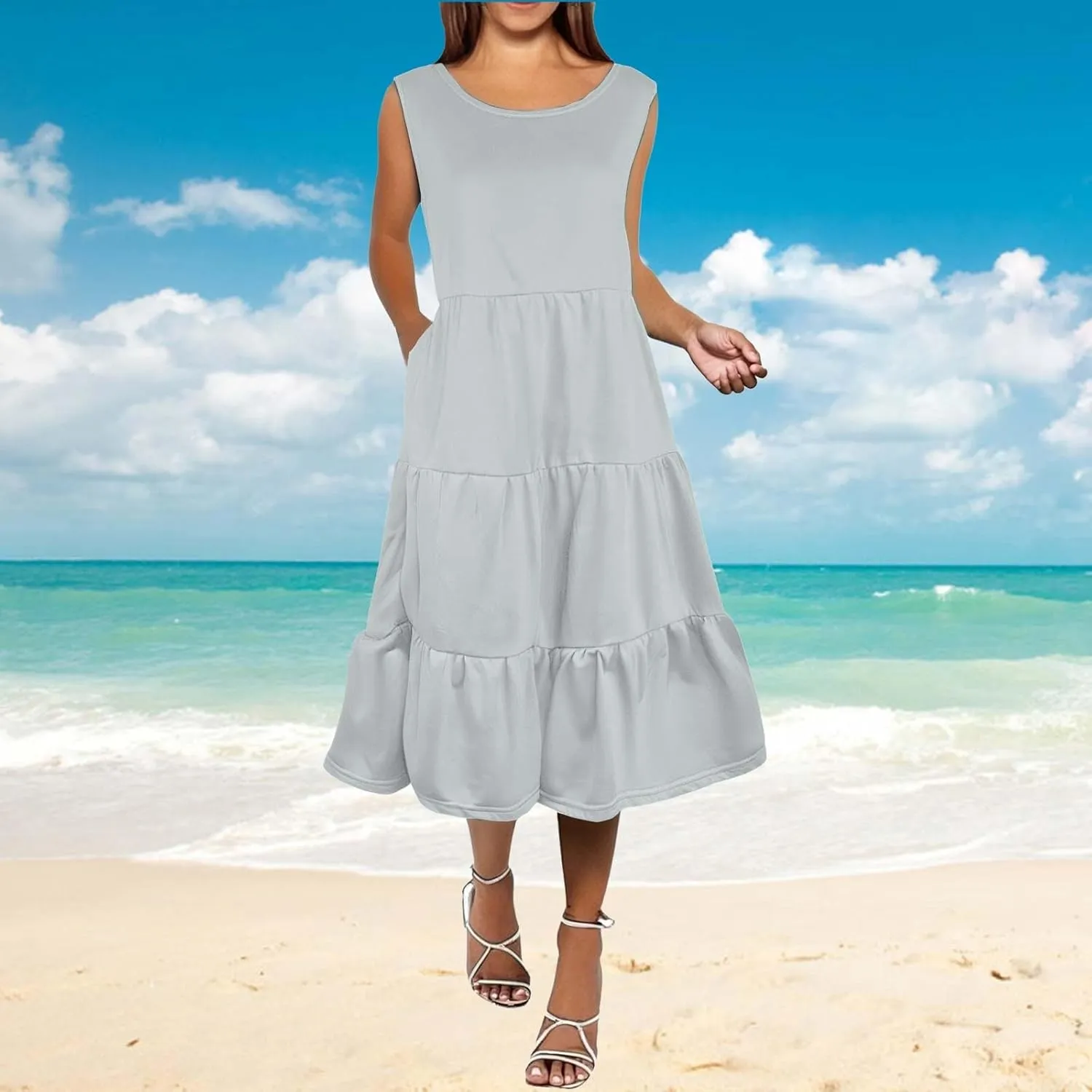 Women's Summer Casual Sleeveless Swing Sundress Boho Flowy Ruffle Tiered Maxi Dress with Pockets
