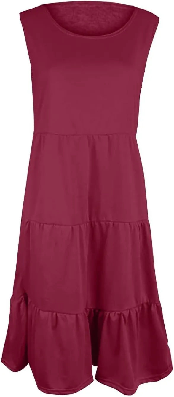 Women's Summer Casual Sleeveless Swing Sundress Boho Flowy Ruffle Tiered Maxi Dress with Pockets